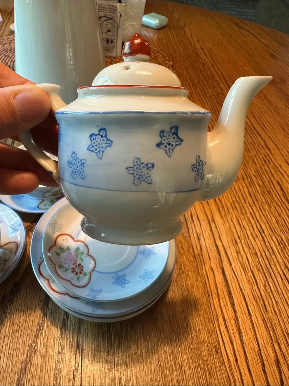 Vintage Japanese Porcelain Floral Tea Set - White with Pink & Blue Accents